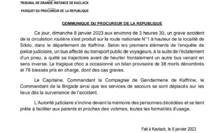 ACCIDENT TRAGIQUE A KAFFRINE - Le communiqué du Procureur