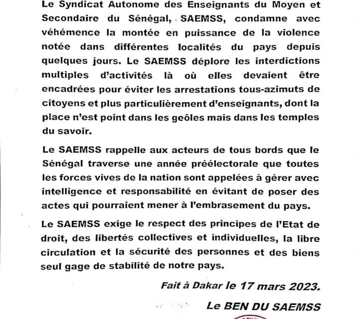 INTERDICTIONS DE MANIFESTATIONS, ARRESTATIONS D'ENSEIGNANTS - La colère du Saemsss