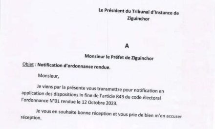 NOTIFICATION - La correspondance du juge Sabassy Faye au préfet de Ziguinchor