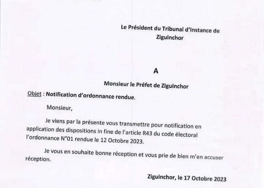 NOTIFICATION - La correspondance du juge Sabassy Faye au préfet de Ziguinchor