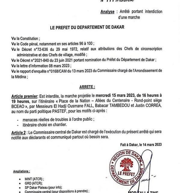 MARCHE DE YEWWI A DAKAR - Le préfet dit niet